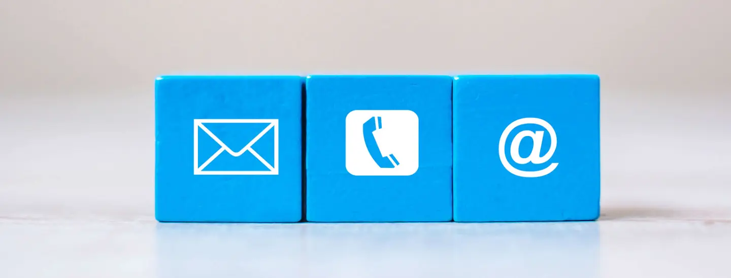 Three blue blocks with Email, phone and @ symbol icons. 